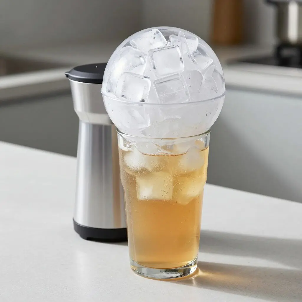 large sphere ice cube maker beside a chilled drink