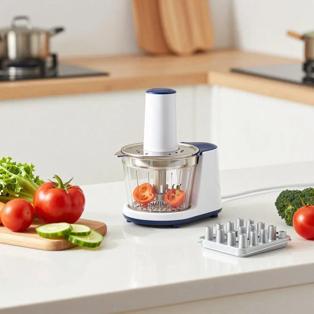 multi-function vegetable chopper with sliced vegetables and interchangeable blades