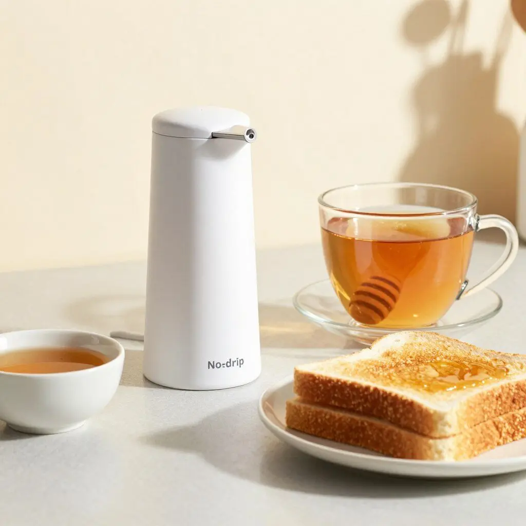 no-drip honey dispenser beside tea and toast