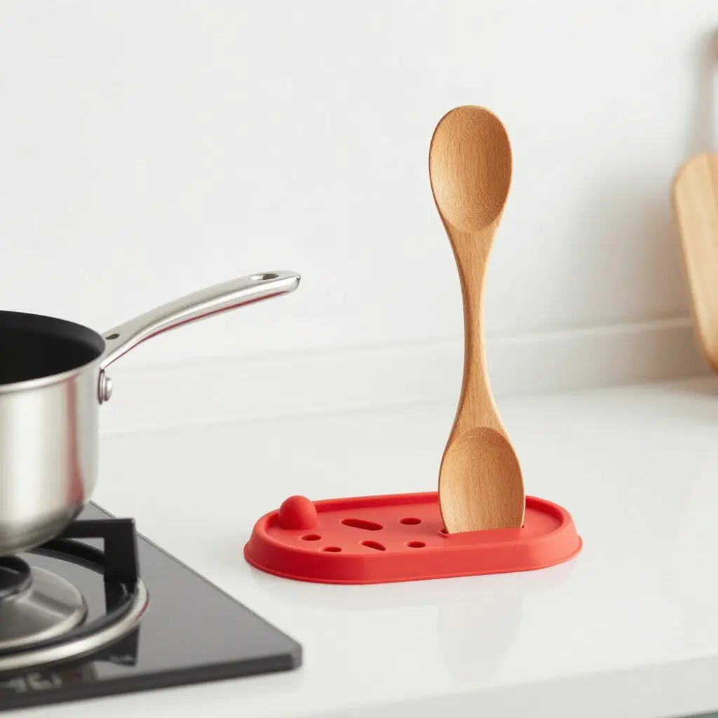 novelty silicone utensil rest holding a wooden spoon