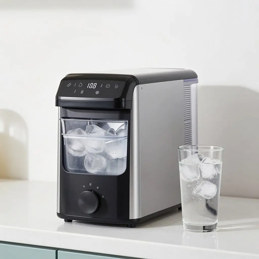 nugget ice maker producing soft ice in a home kitchen