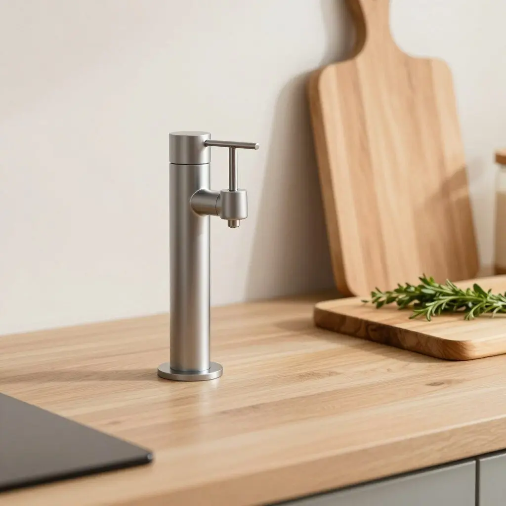 oil dispenser with pouring spout beside a cutting board