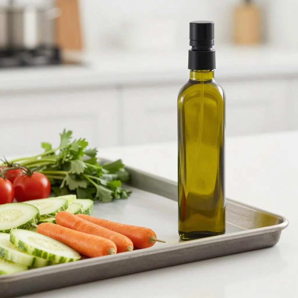 olive oil spray bottle beside vegetables on a sheet pan