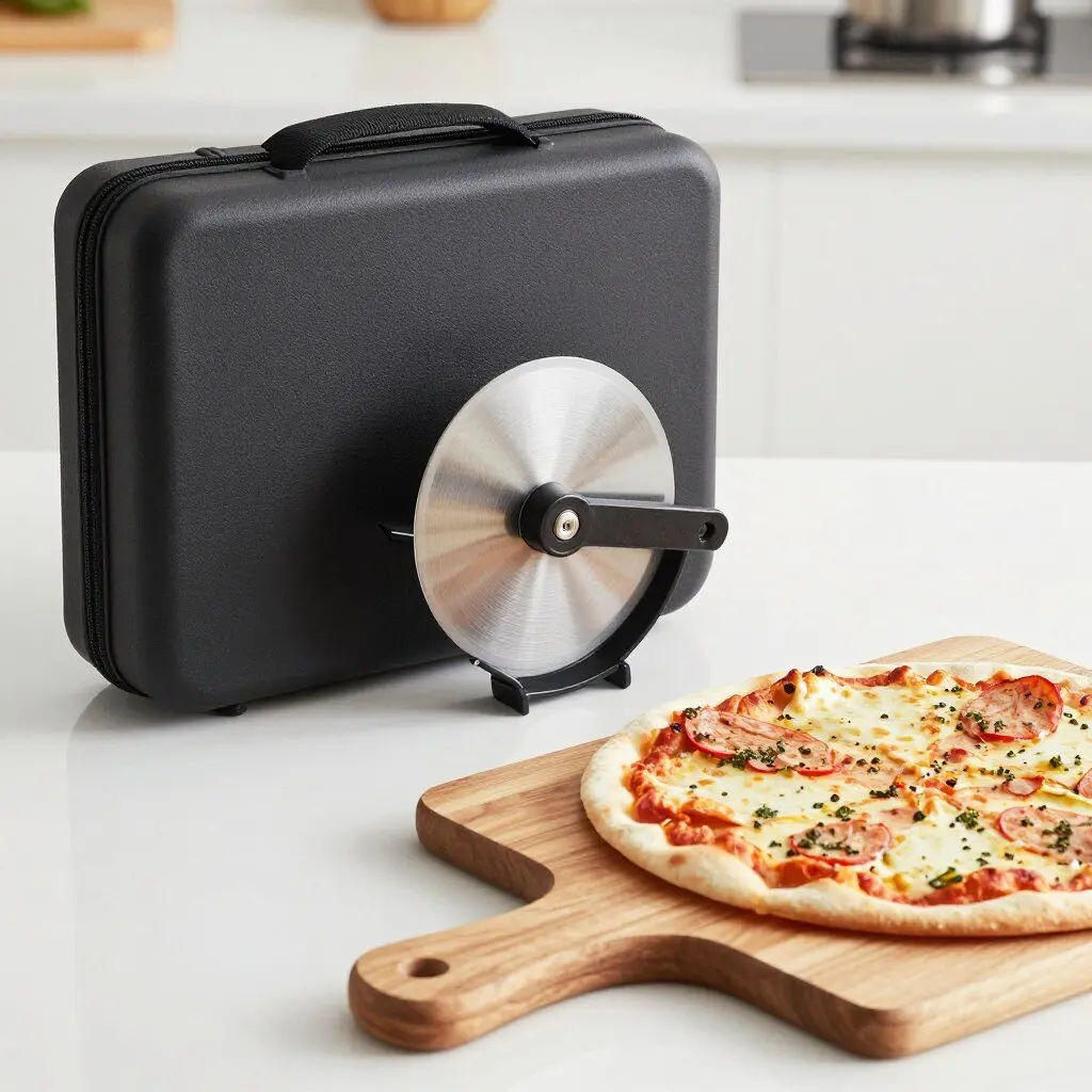 pizza cutting wheel with storage case beside homemade pizza