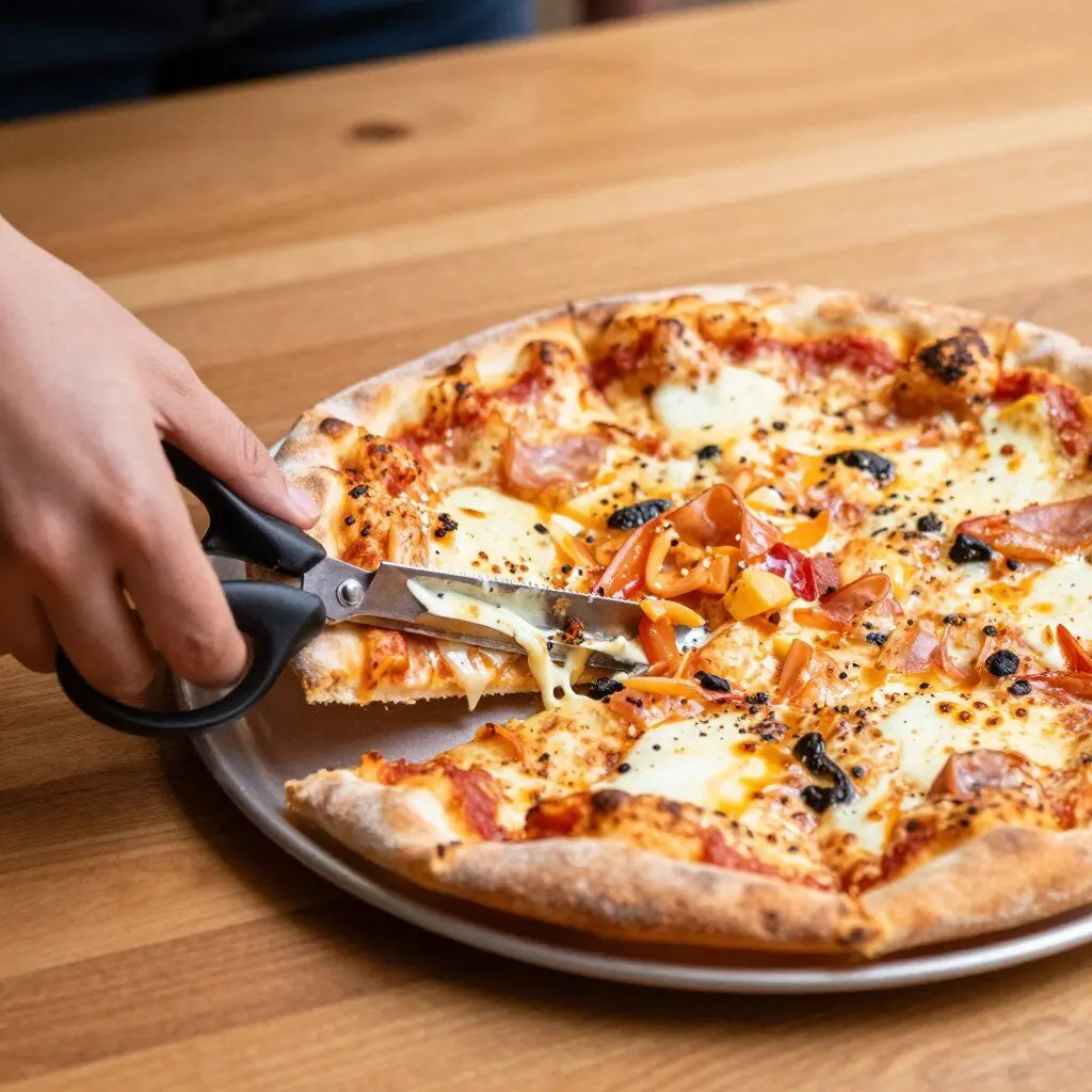 pizza scissors and server cutting a slice from a fresh pizza