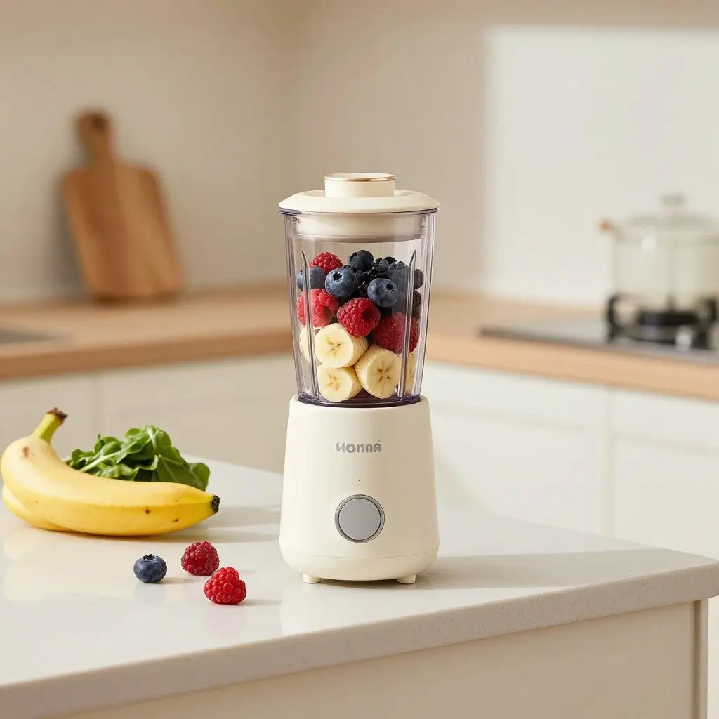 portable smoothie blender with berries and banana