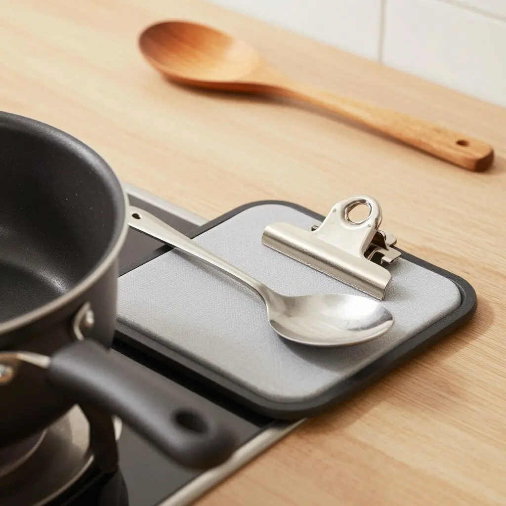 pot clip spoon rest holding a cooking spoon beside a simmering saucepan