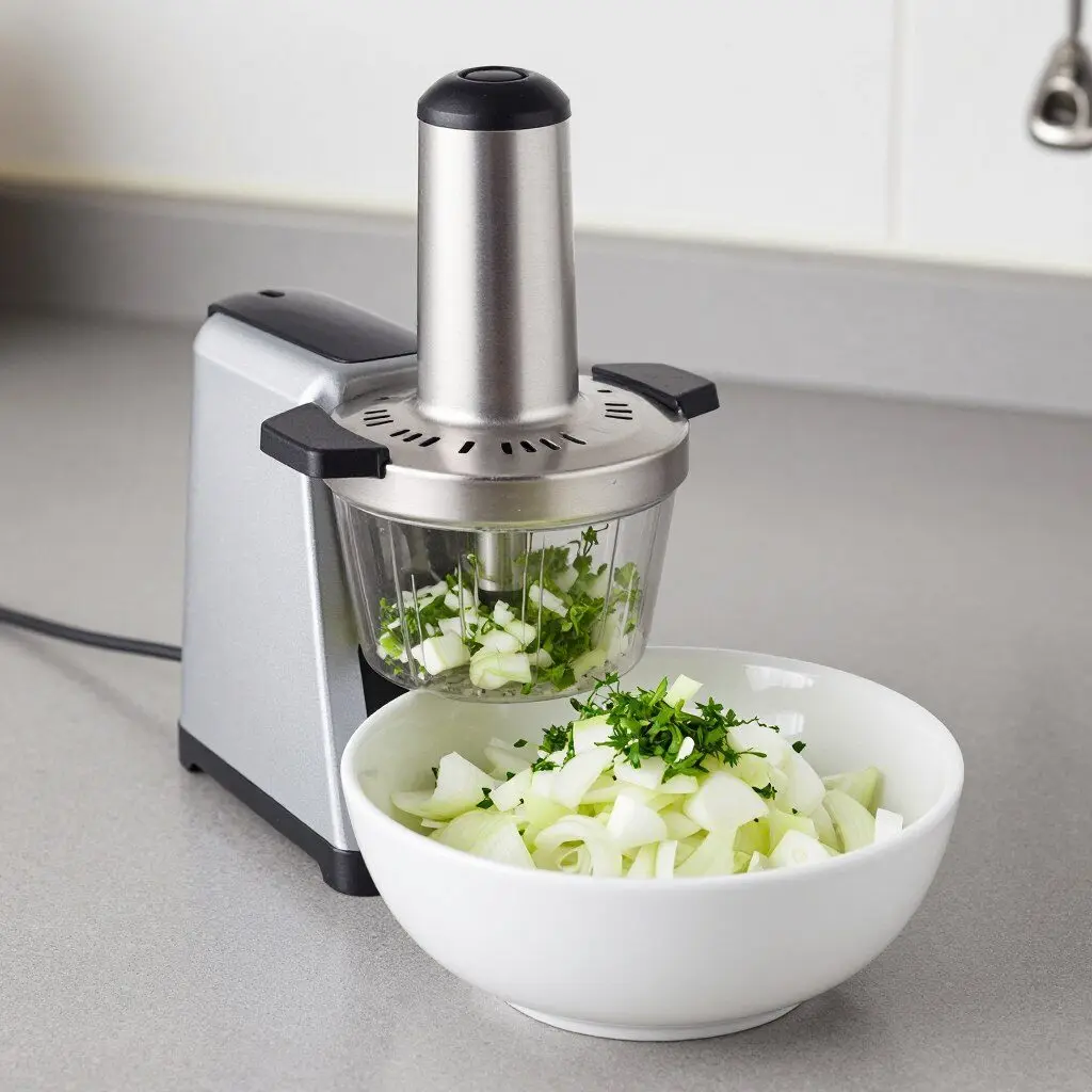pull-cord vegetable chopper filled with onions and herbs