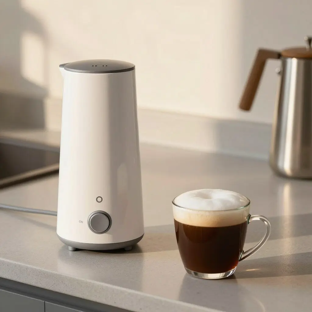 rechargeable milk frother beside a cup of coffee