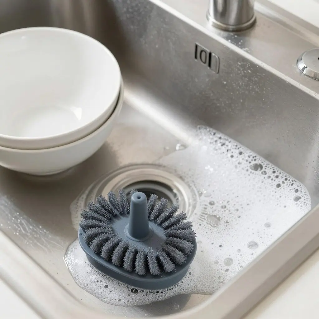 silicone dish scrubber beside a sink and clean bowls