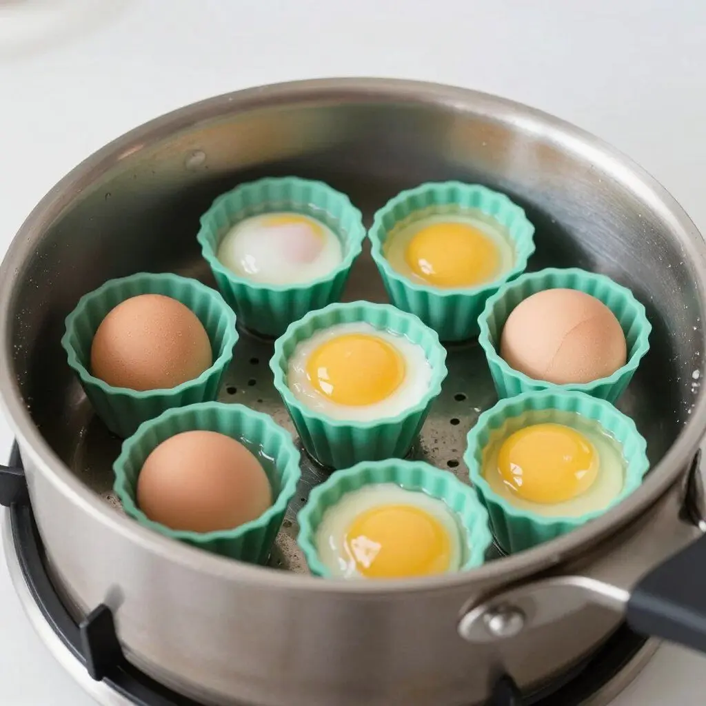 silicone egg poaching cups holding poached eggs in a saucepan