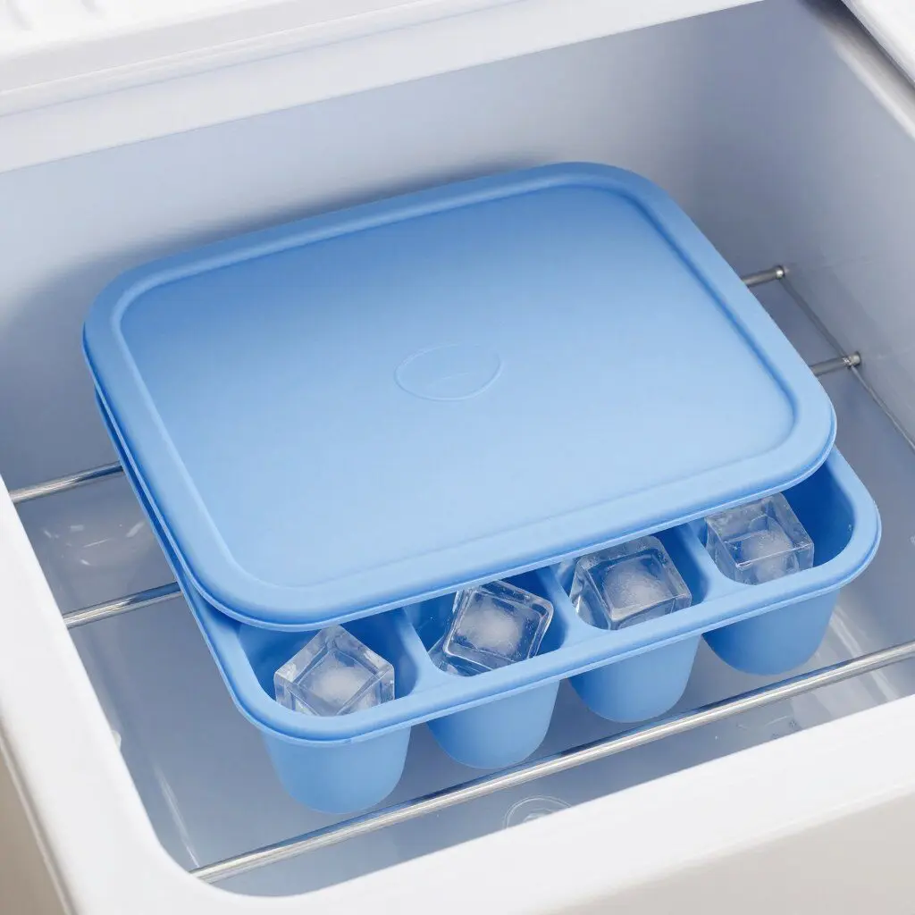 silicone ice cube tray with lid filled with ice cubes