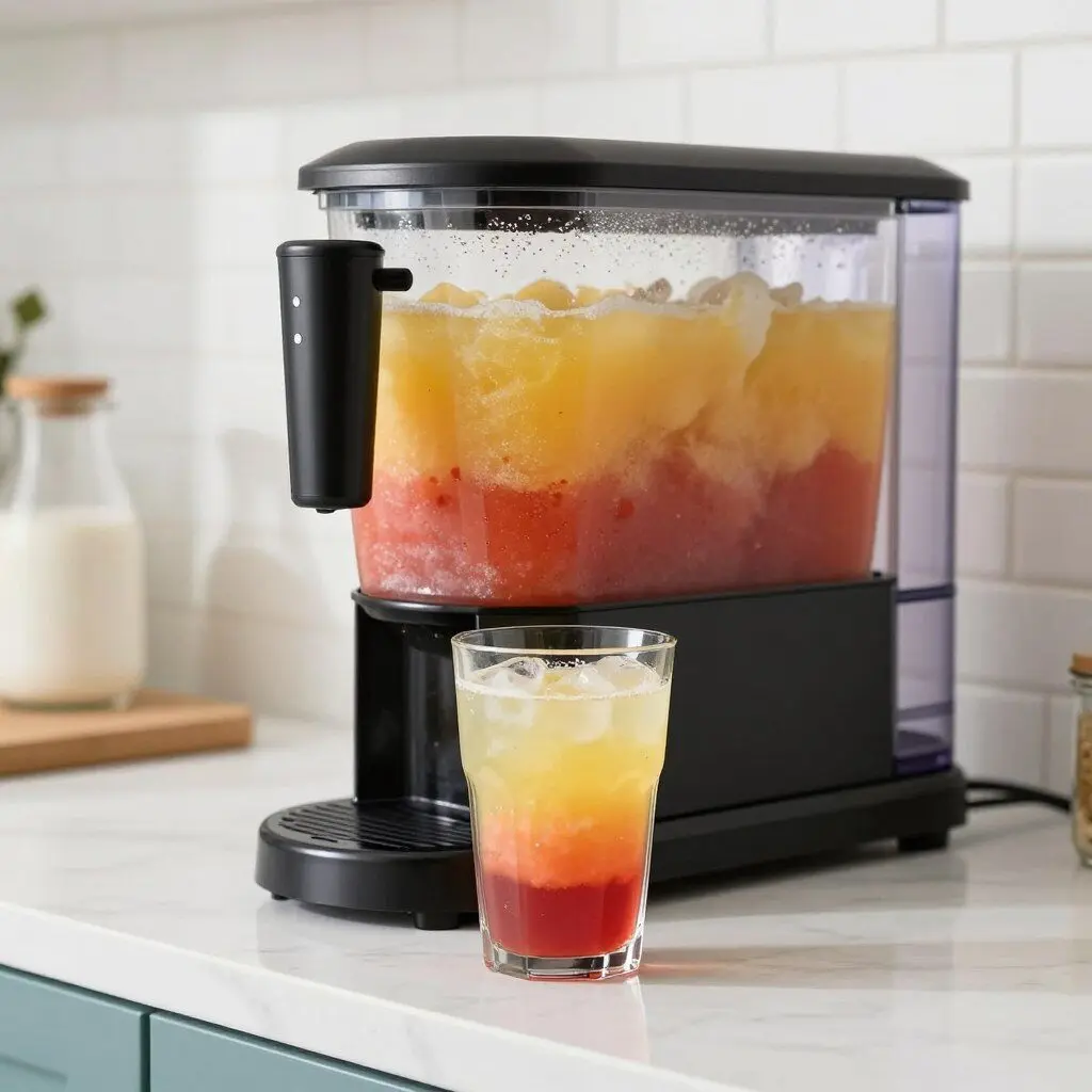 slush frozen drink maker with colorful beverage in a glass