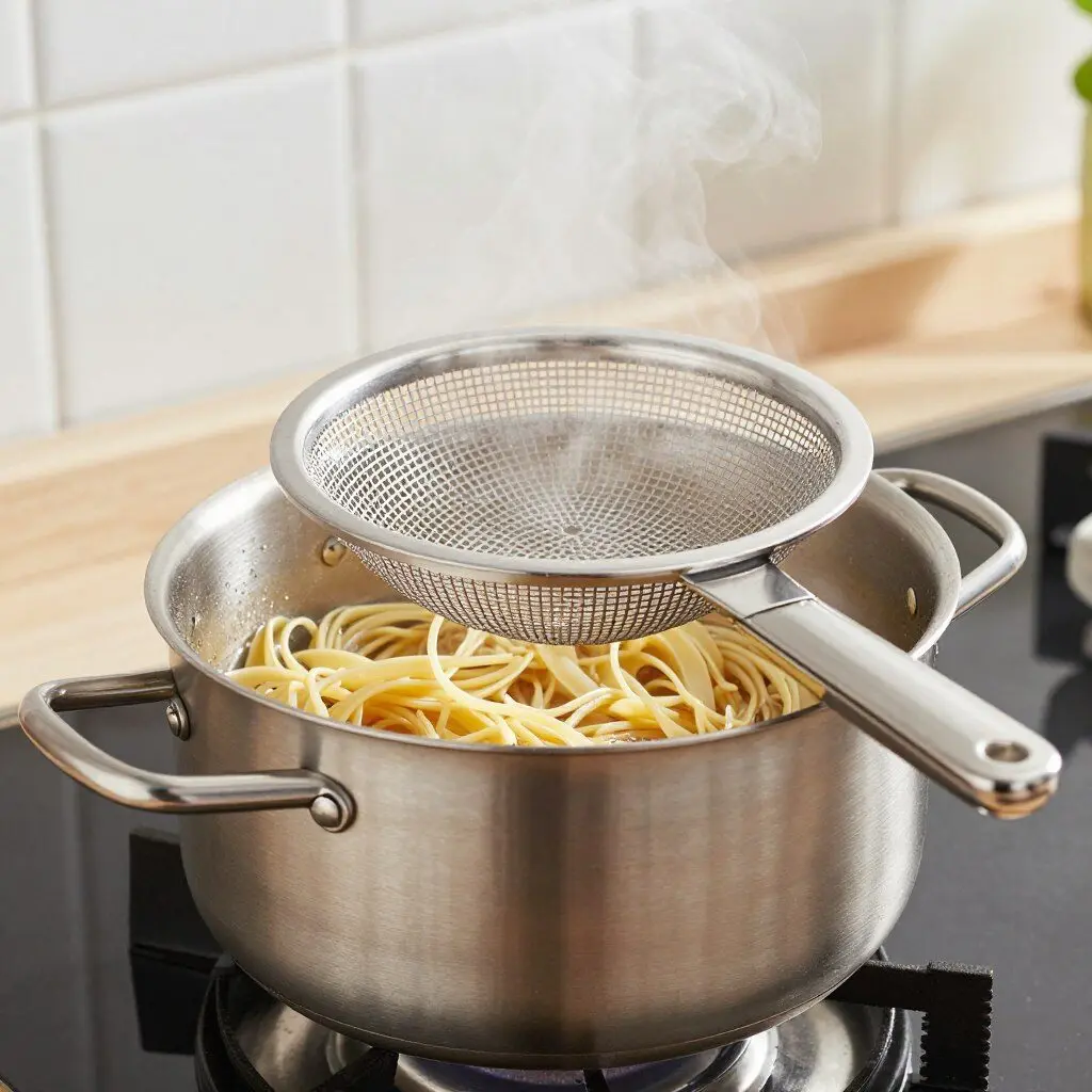 snap-on pot strainer attached to a saucepan of pasta