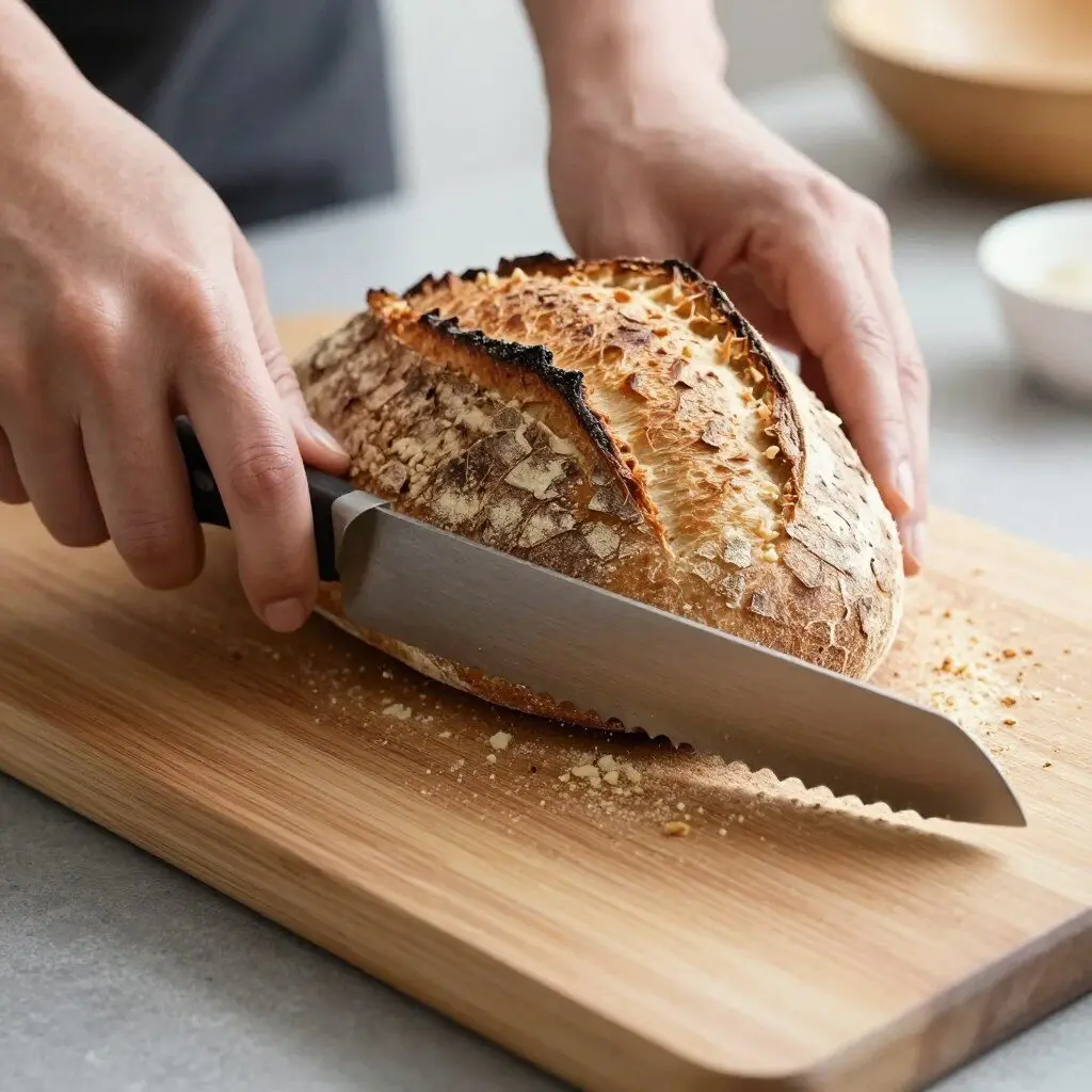 sourdough bread knife slicing a rustic loaf on a cutting board
