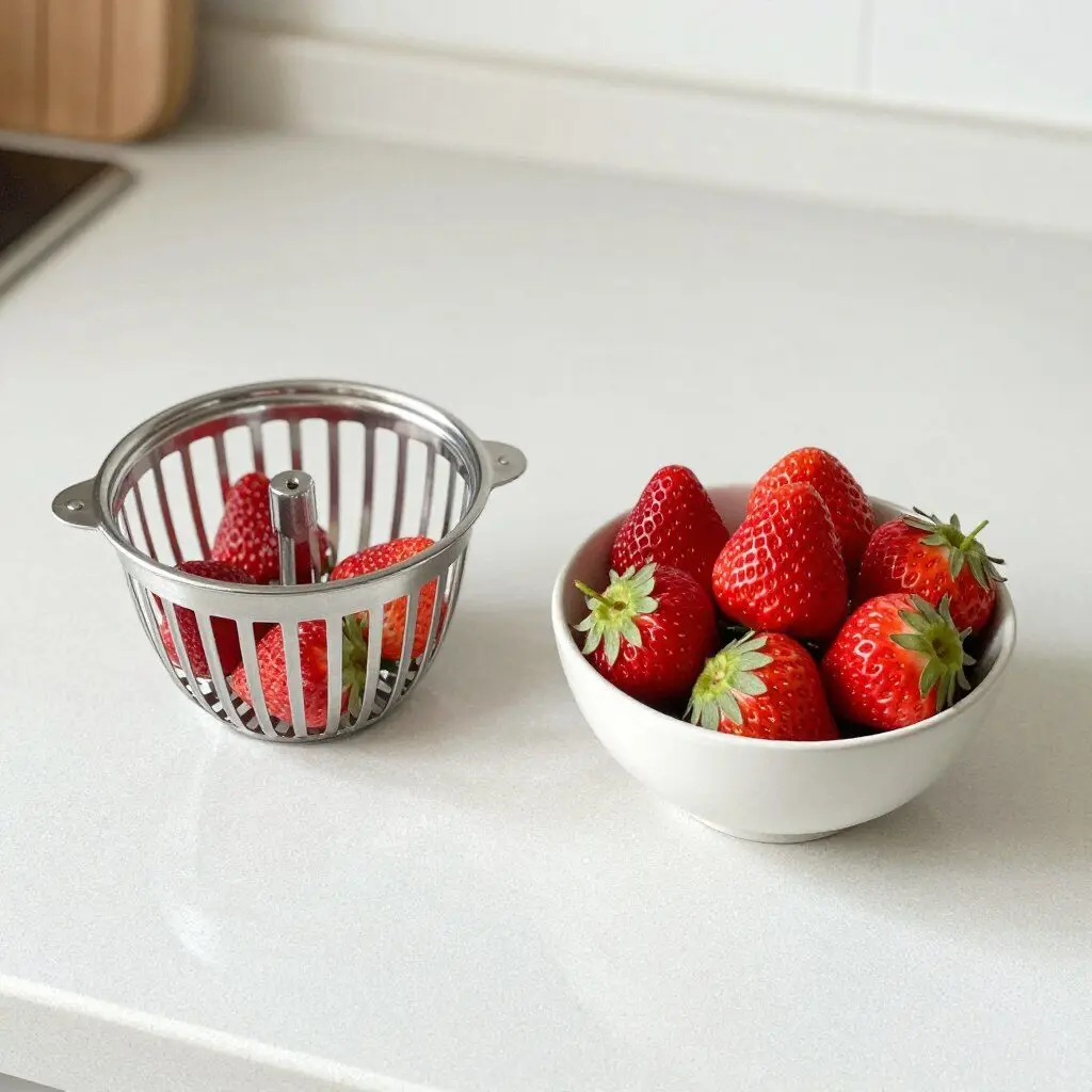 strawberry huller beside fresh strawberries
