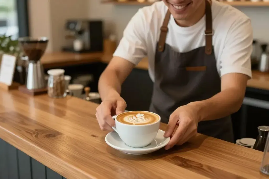 A barista serving a freshly prepared cappuccino with delicate latte art across a polished wooden cafe counter