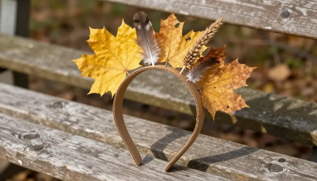 A cardboard crown band decorated with colourful autumn leaves and feathers