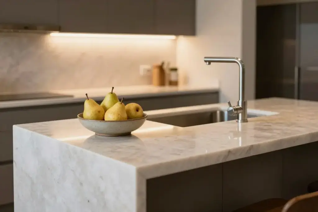 A clean, polished kitchen island with an empty sink and an elegant small fruit bowl in evening light