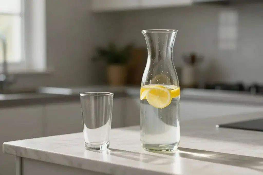 A clear glass jug of fresh water with sliced citrus fruit beside a drinking tumbler on a bright kitchen counter