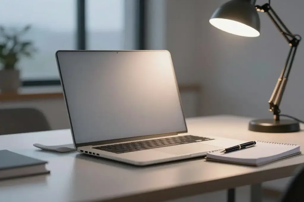 A closed laptop with a notebook on top resting on an office desk in dimming twilight