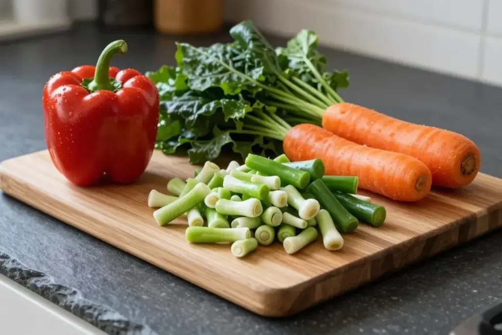 A colourful assortment of freshly chopped vegetables, leafy greens, and pulses on a wooden chopping board