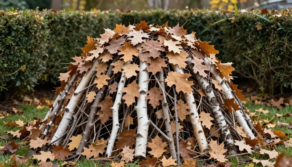 A dome of dry leaves and twigs forming a small wildlife shelter in a garden