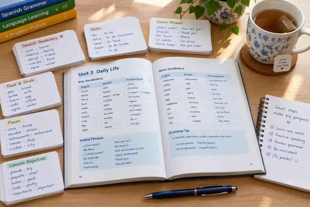A foreign language vocabulary textbook with flashcards and a pen on a tidy study desk