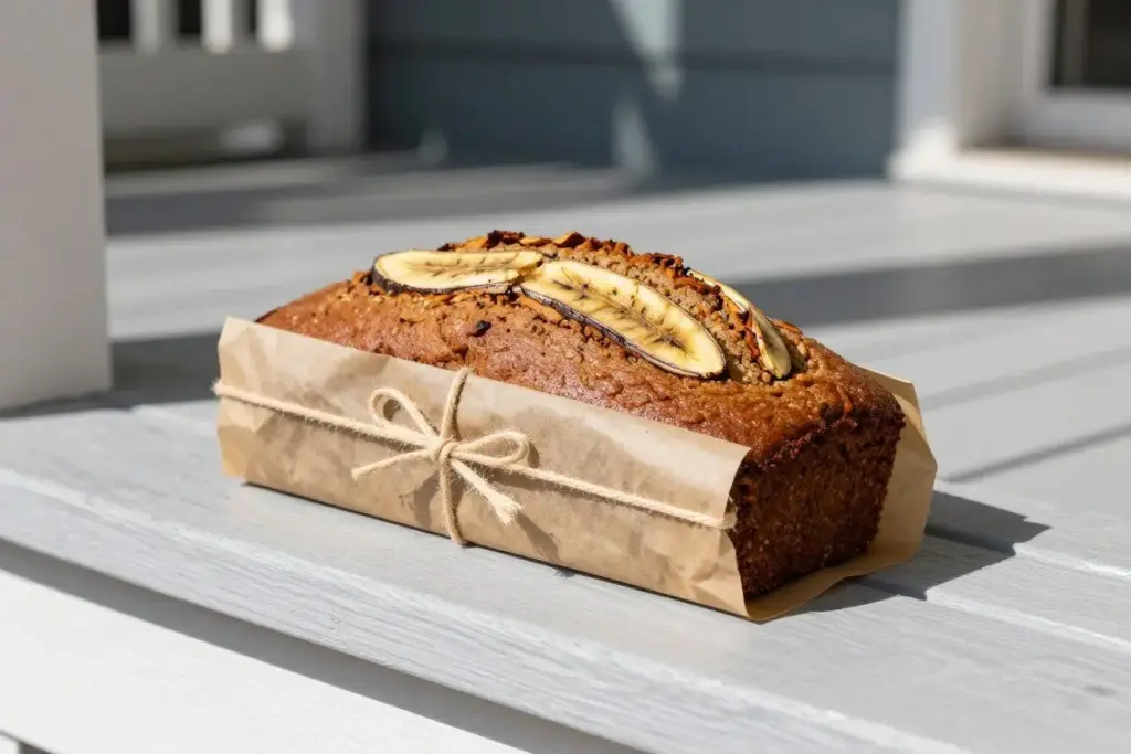 A freshly baked loaf of sweet bread wrapped in parchment paper and tied with a brown string on a doorstep