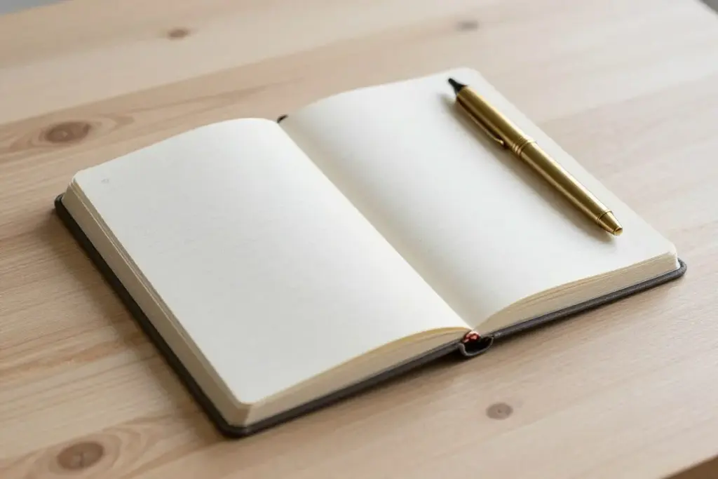A linen-bound journal lying open with handwritten cursive lines beside a classic fountain pen