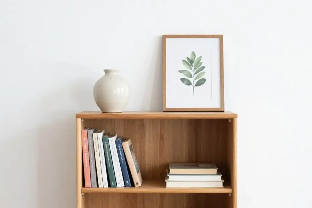 A minimal timber bookshelf holding a few curated hardback books, a ceramic vase, and framed art