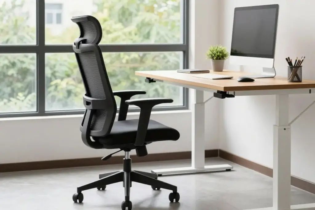 A modern ergonomic office chair beside an adjustable standing desk near an open window
