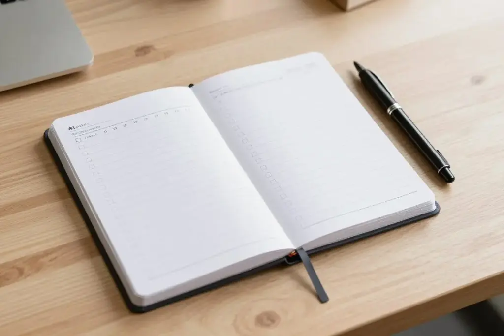 A neat desk calendar showing clear, organized blocks of time beside a classic fountain pen