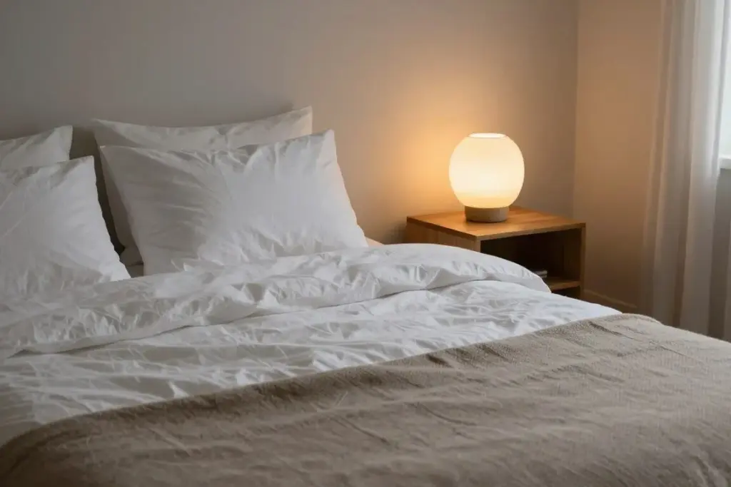 A neatly dressed bed with soft linen pillows, a folded cotton throw, and a warm bedside reading lamp