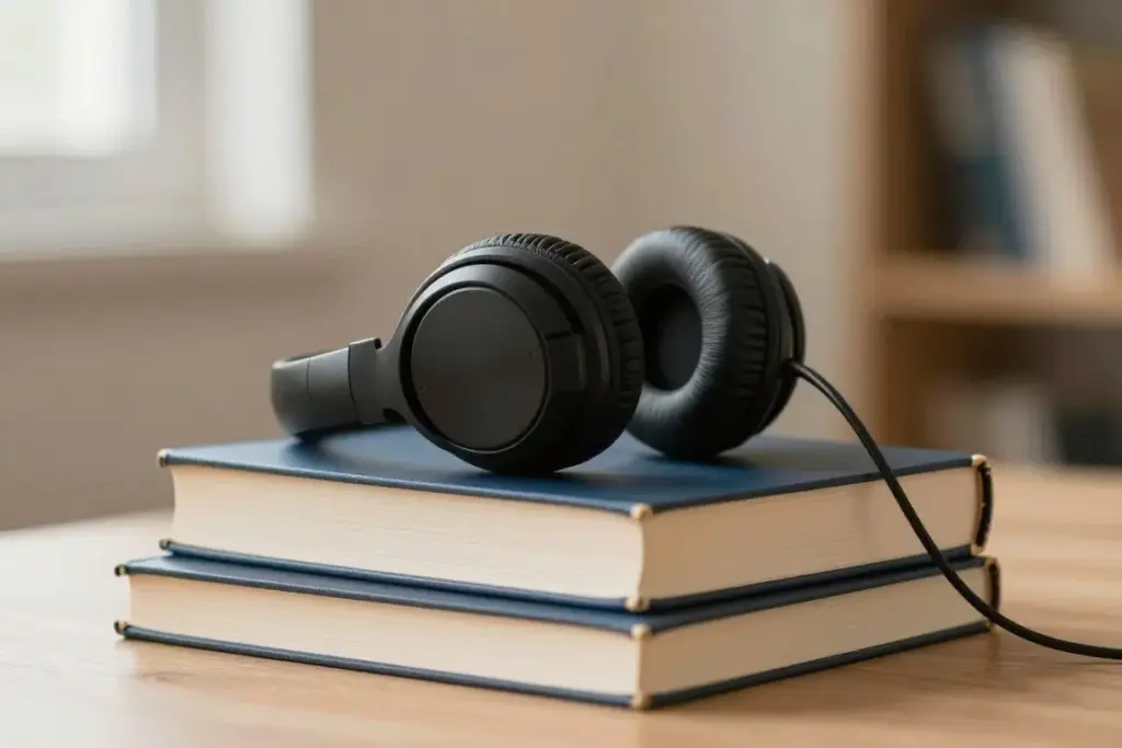 A pair of clean over-ear headphones resting neatly on a stack of hardback reference books