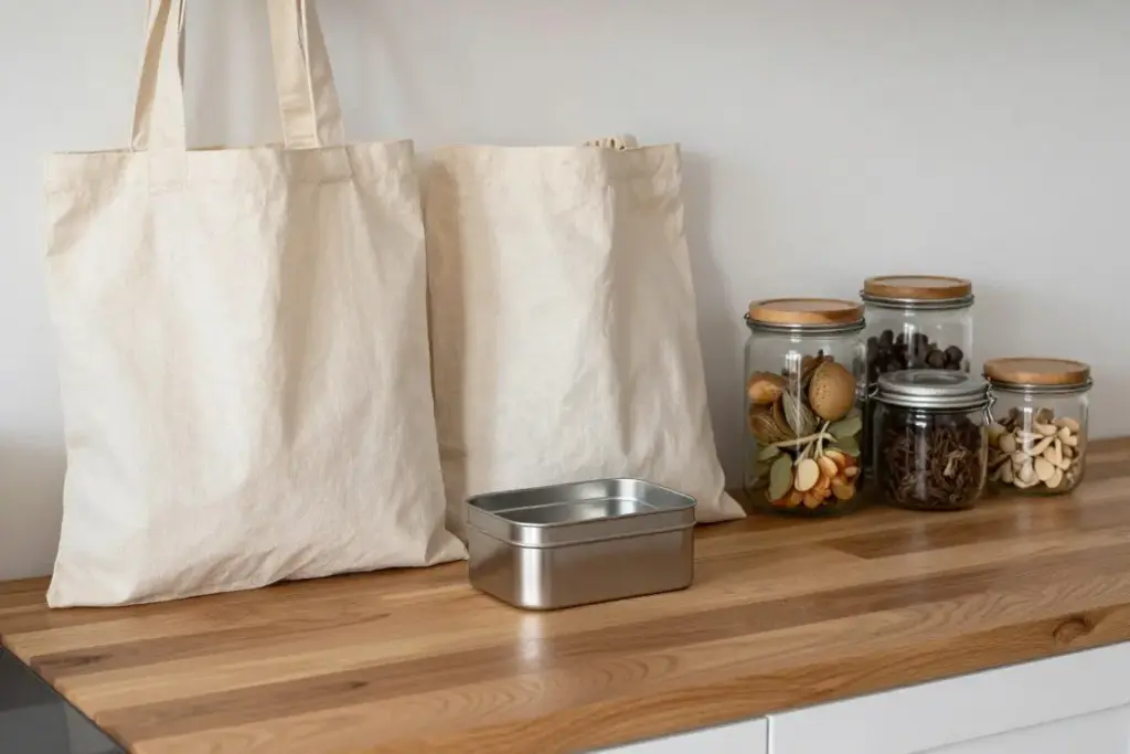 A set of reusable cloth shopping bags, stainless steel food containers, and glass storage jars