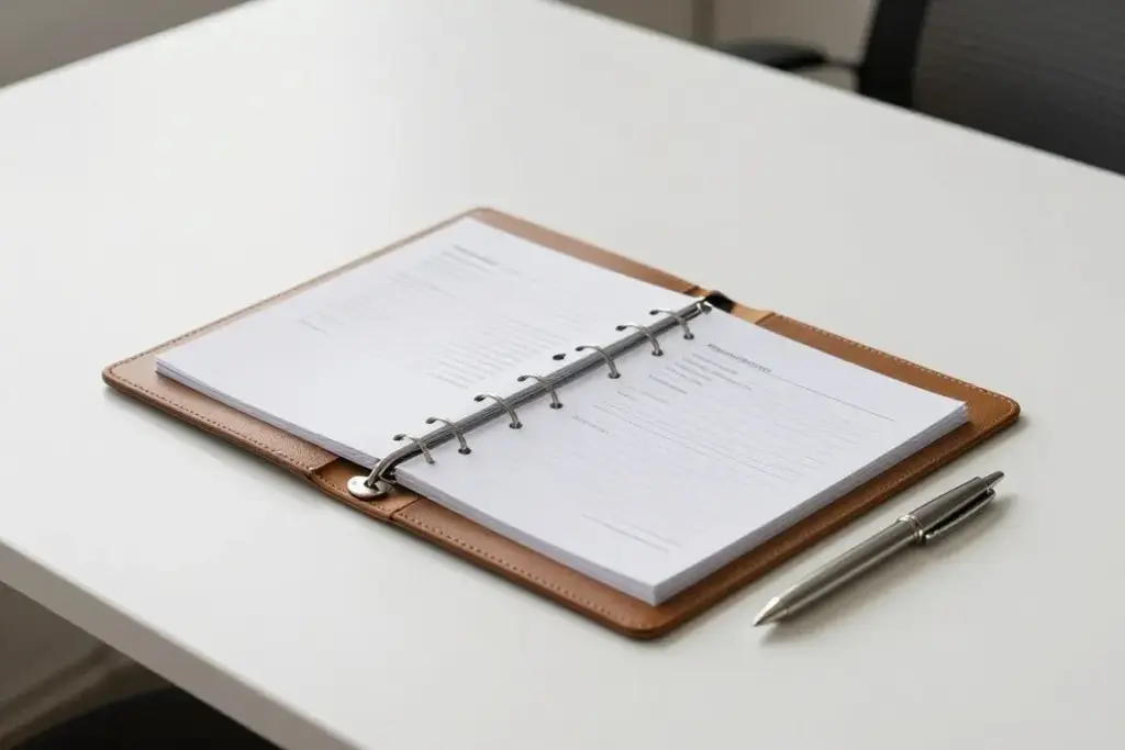 A single tidy document folder and pen resting on a clear, minimalist office desk