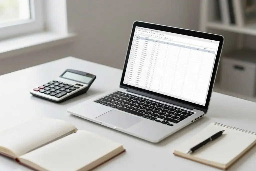 A sleek laptop display showing financial spreadsheets on a neat domestic desk beside a calculator