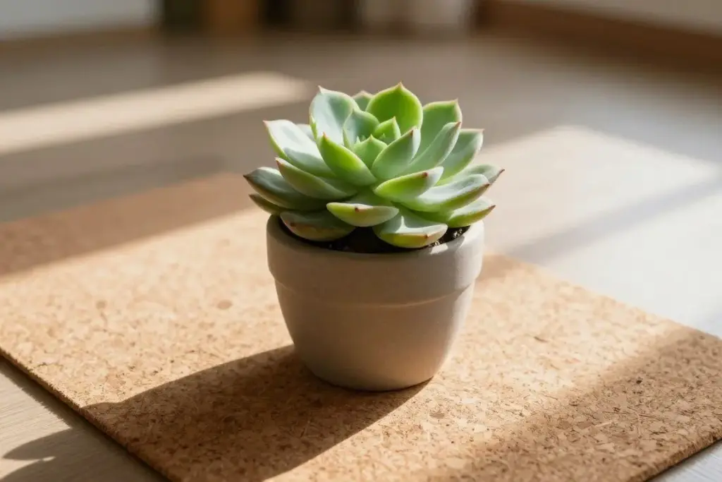 A small indoor houseplant sitting in natural daylight on a minimalist cork yoga mat