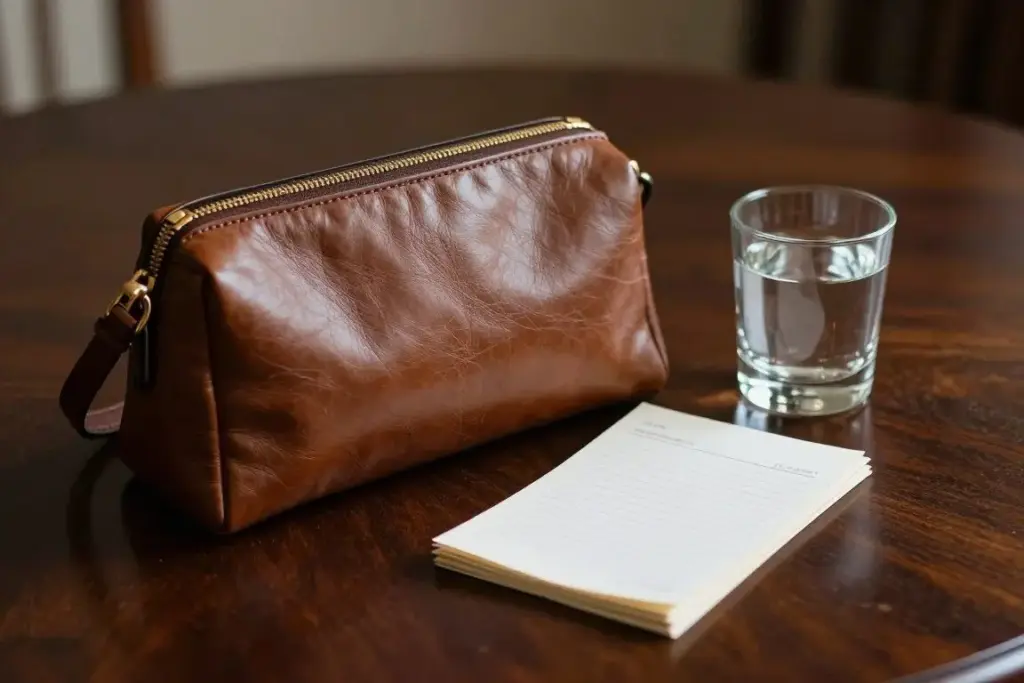 A small leather coin purse and folded paper banknotes resting on a polished timber surface
