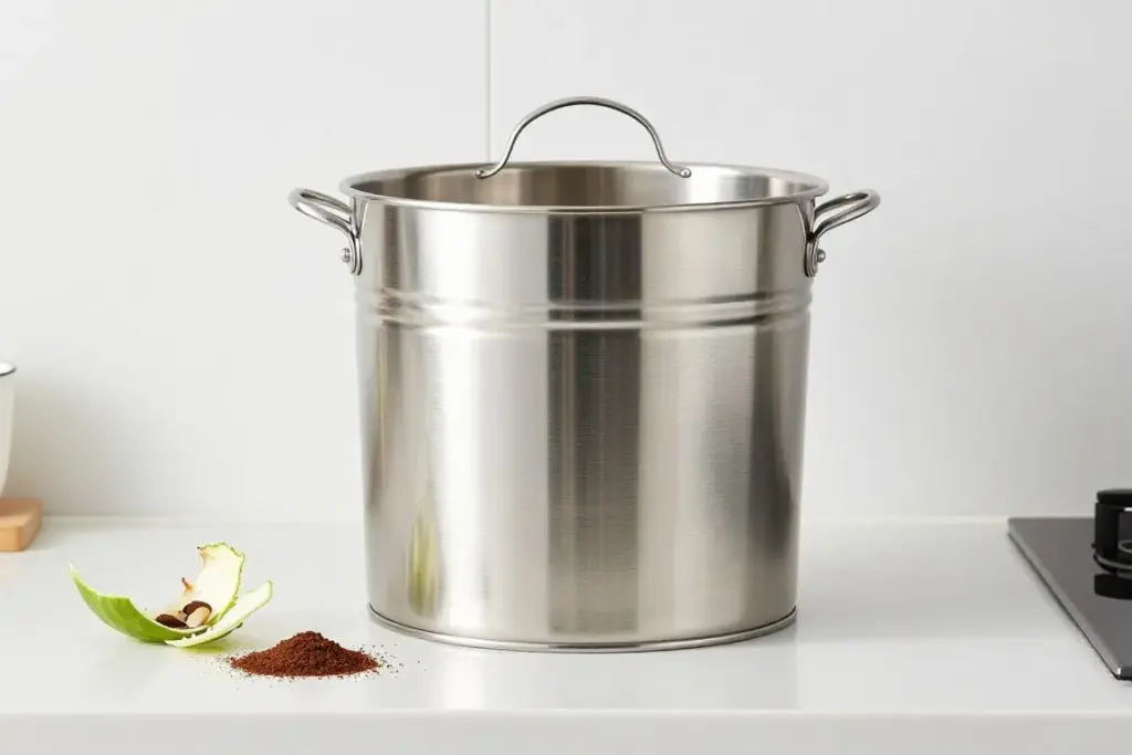 A small stainless steel countertop compost caddy sitting beside fruit peelings and coffee grounds