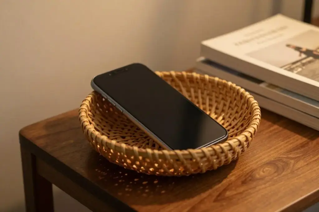 A smartphone switched off and resting face down inside an attractive woven desk basket