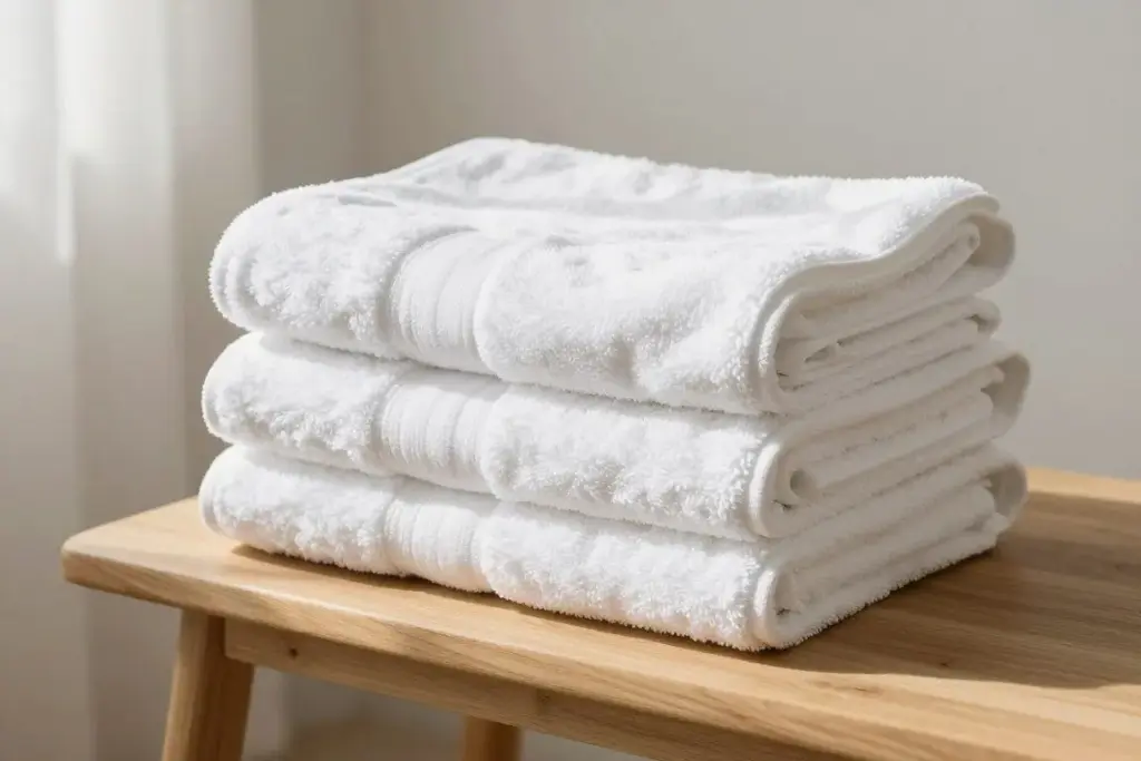 A stack of clean, freshly laundered cotton towels and bed linen tied with simple jute twine