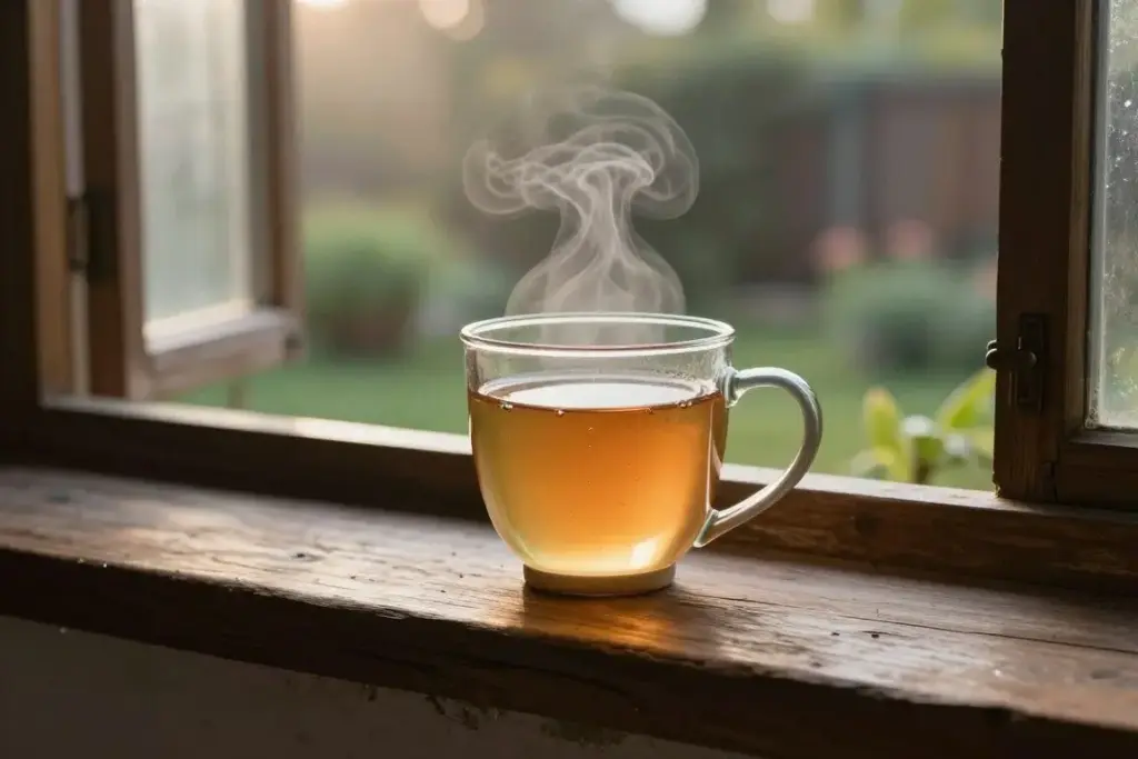 A steaming cup of herbal tea sitting next to an unlit candle on a rustic wooden windowsill