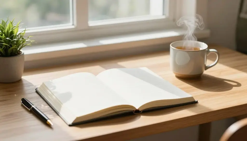 A tidy wooden writing desk with an open diary, a warm mug of tea, and soft morning light