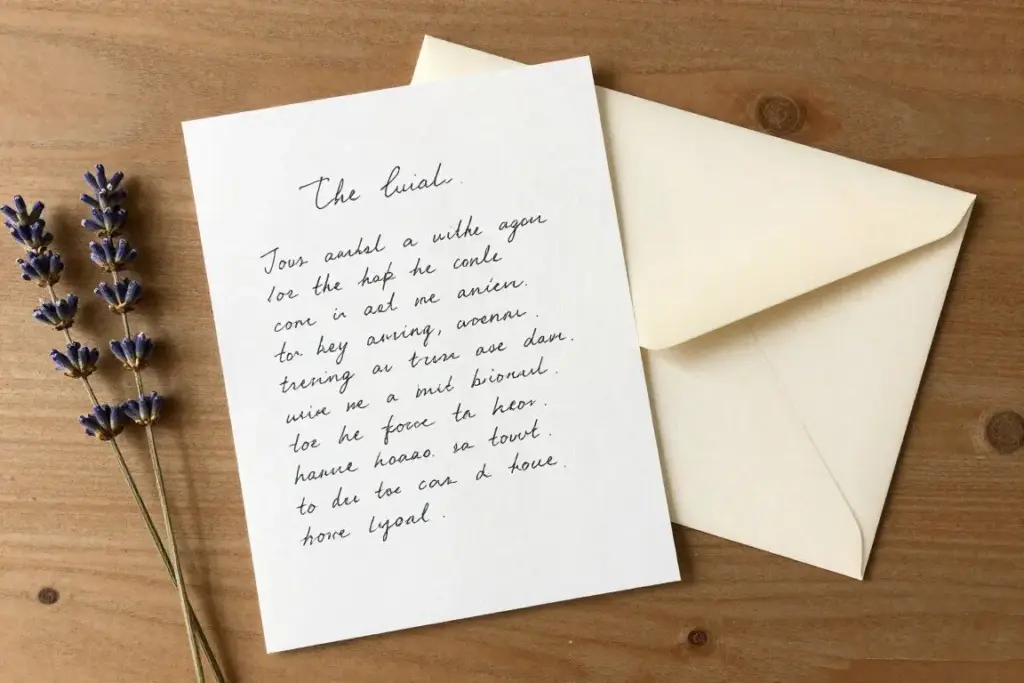 An embossed stationery card and postal envelope on a desk beside dried lavender stems