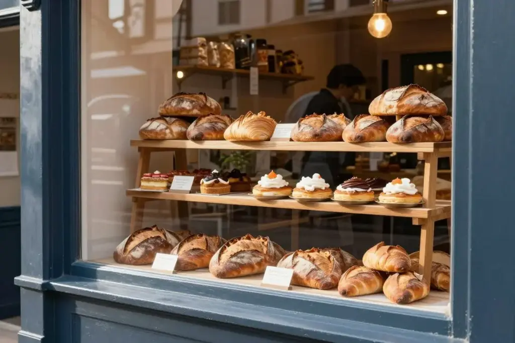 An independent high street bakery window display with freshly baked loaves of sourdough and rye bread