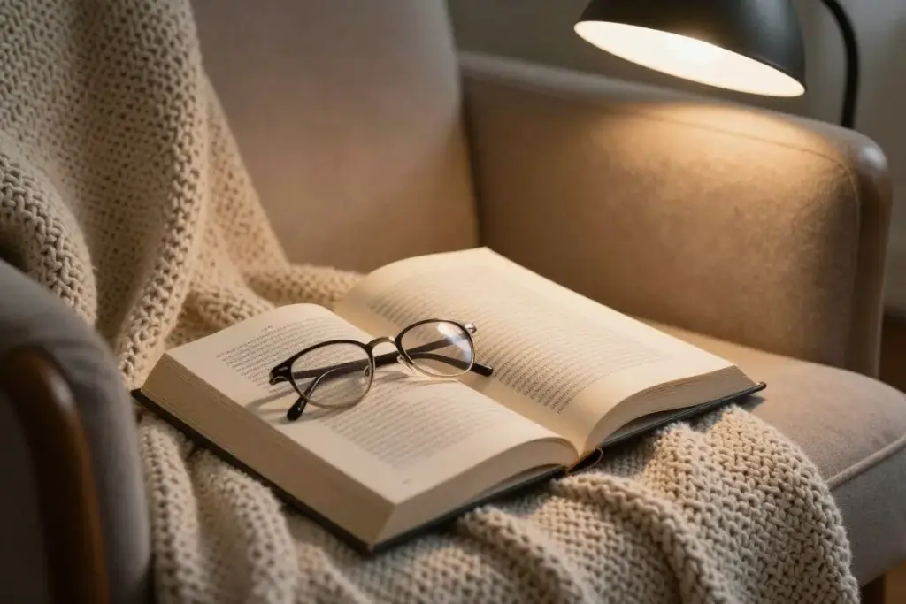An open paperback book resting on a cosy woven throw next to reading glasses