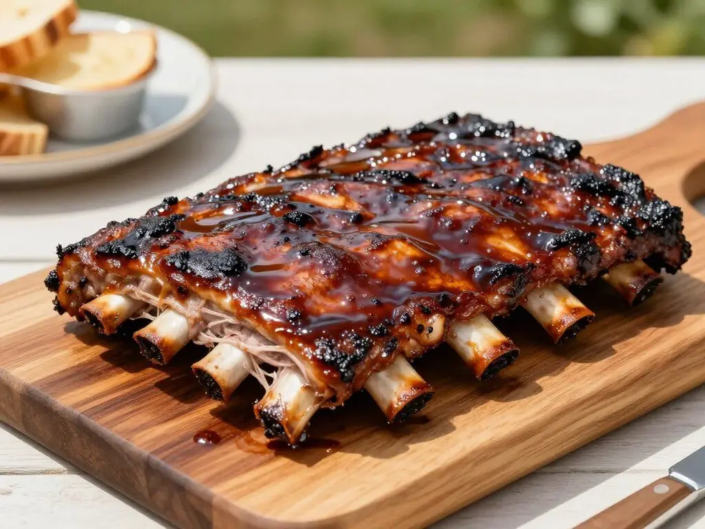 BBQ ribs with caramelized sauce and meat falling off bone