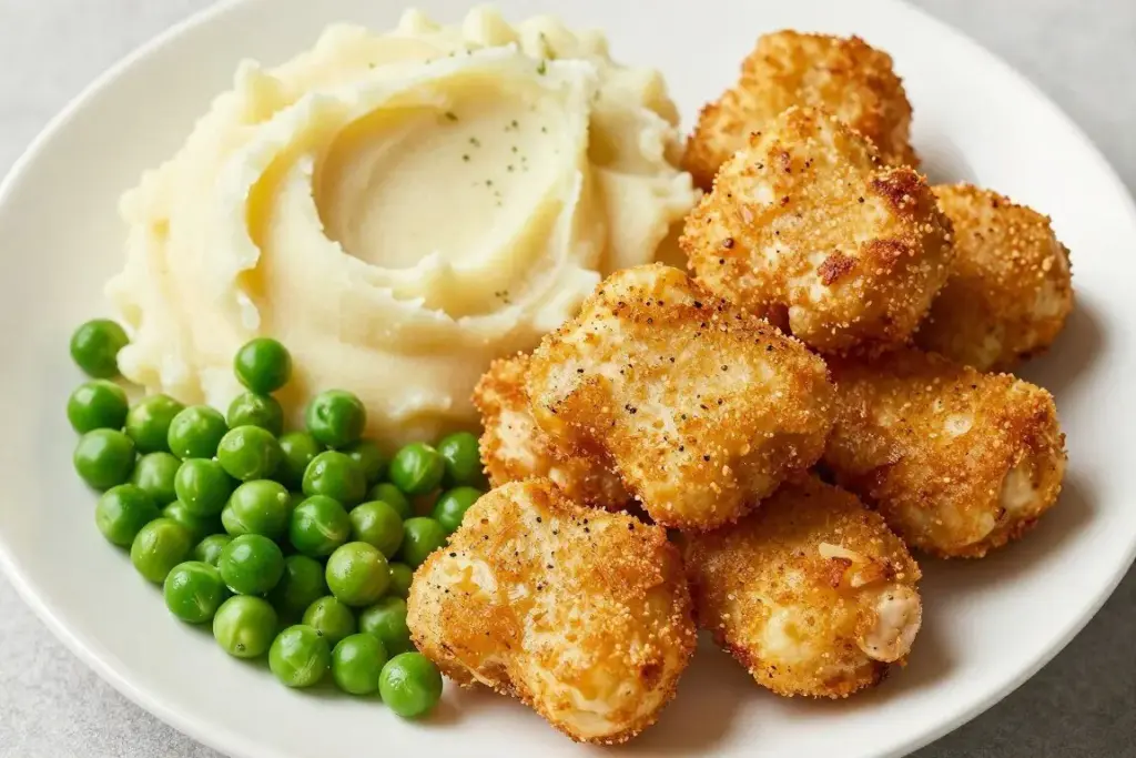 Baked chicken nuggets with mashed sweet potatoes and peas Baked chicken nuggets with mashed sweet potatoes and peas